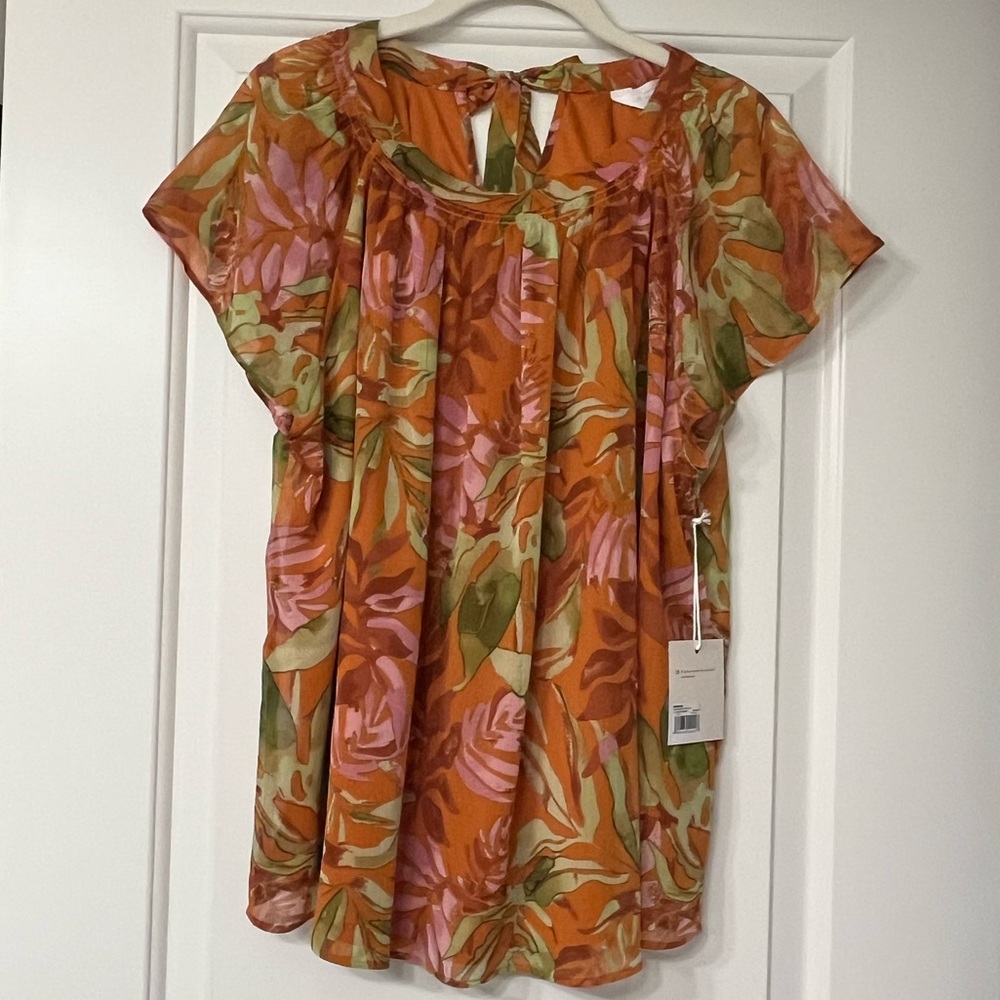 LC Lauren Conrad Shirred Neck Tie-Back Top “Misty Jungle” Print XL NWT